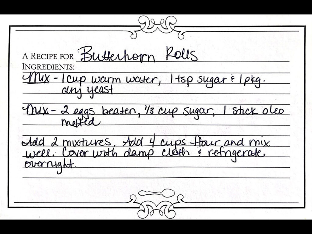 Handwritten recipe card for Butterhorn rolls.