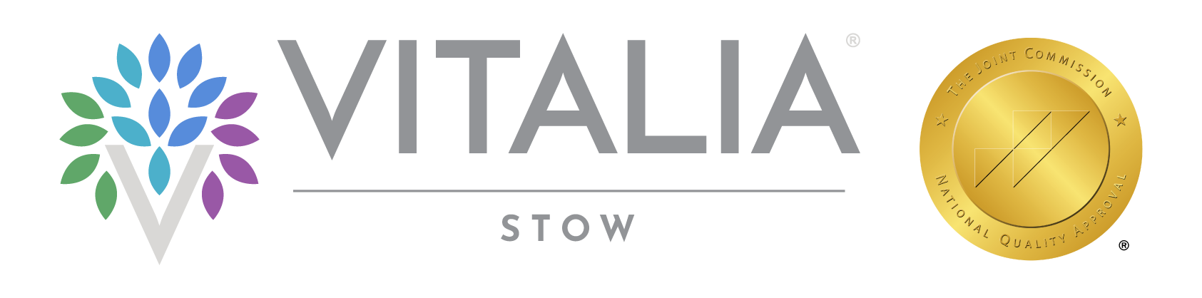 VITALIA Stow senior living logo shown alongside the Joint Commission gold seal, symbolizing high standards and accredited care in senior living.